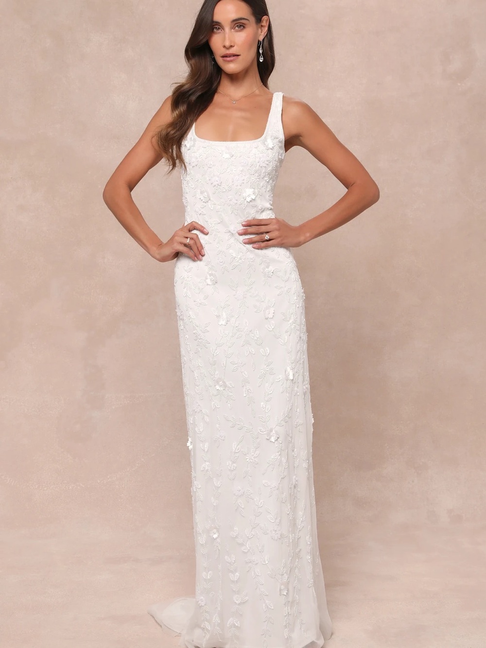 Lulu's NWT Extraordinary Glamour White 3D Floral Beaded Backless Maxi Dress SZ L